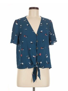 Pink Rose Teal Floral Button-Front Tie Hem Blouse